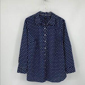 Talbots button front top shirt blouse cotton navy blue white polka dot women 2X